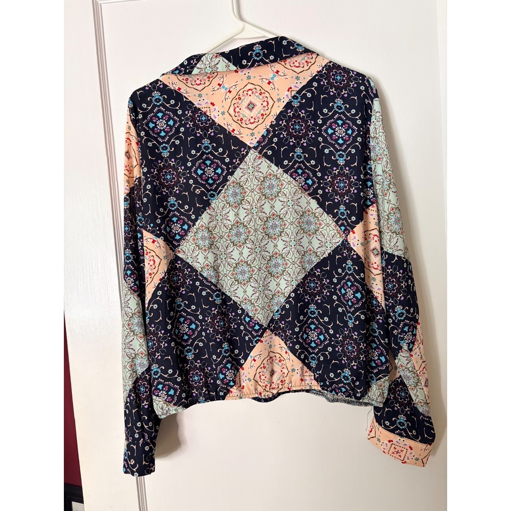Pleione Womens XL Patchwork Medallion Print Surplice Wrap Blouse LongSleeve Navy - Picture 5 of 5